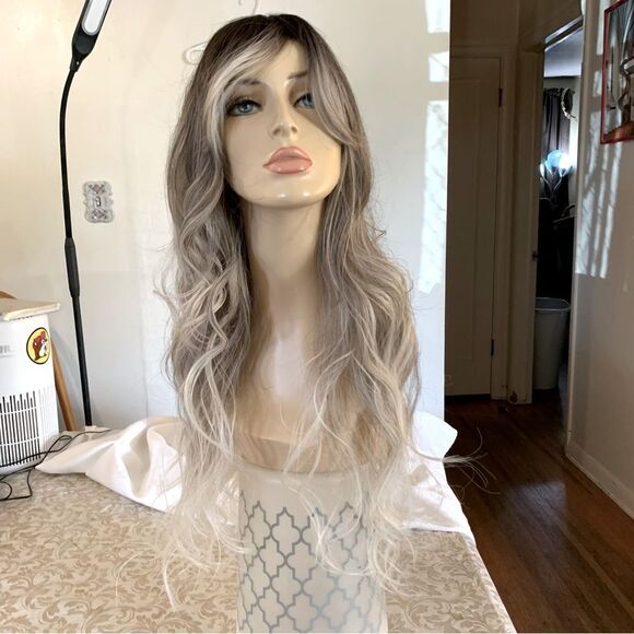 29” Brown Cream White Ombre Wig Wavy Bangs OSFA Adjustable Gorgeous - Picture 1 of 10